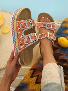 Y2K Rainbow Sequins Boho Style Slippers, Wide PU Upper Rubber Sole, Plain Pattern, Less Than Ankle Height, Fashionable Beach Sandals for Women, Summer Footwear