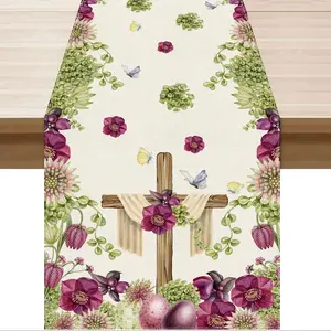 1pc,Easter Cross Egg Flower Leaf Butterfly Cloth Table Runner, Spring Home Kitchen Dinner Decoration, Indoor Holiday Farmhouse Decor