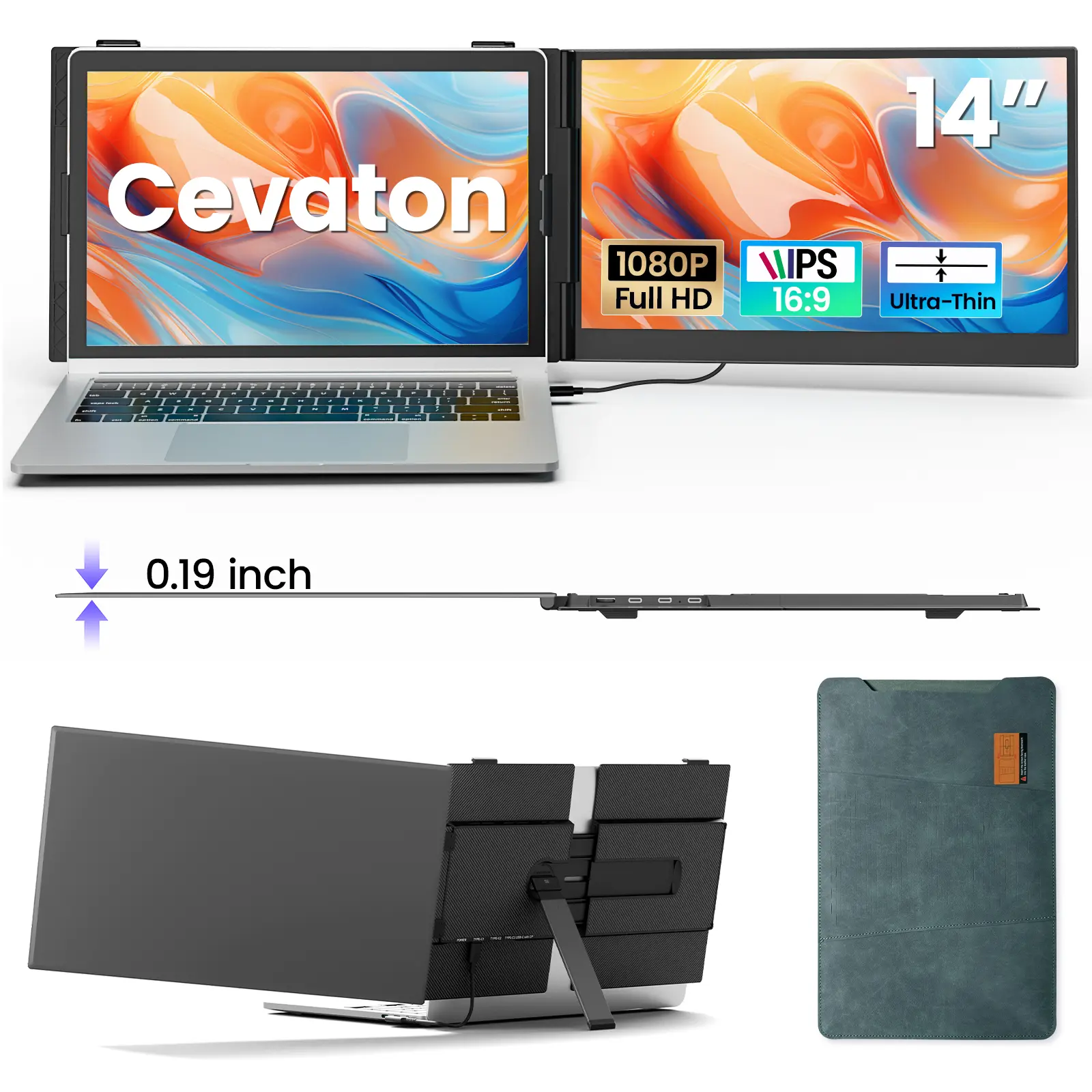 Cevaton 14" Portable Monitor for Laptop, Ultra-Slim Laptop Screen Extender, 1.3 lbs Lightweight Second Screen for 13"-17" Laptops, 1080P FHD External Display, USB-C/HDMI Connection, Monitor Only