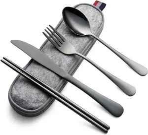 Camping Utensils, Portable Travel Utensils with Case, Stainless Steel  Silverware for Lunch Adult, 5 count Cutlery Set Includes  Spoon Fork Chopsticks and Case (Black)