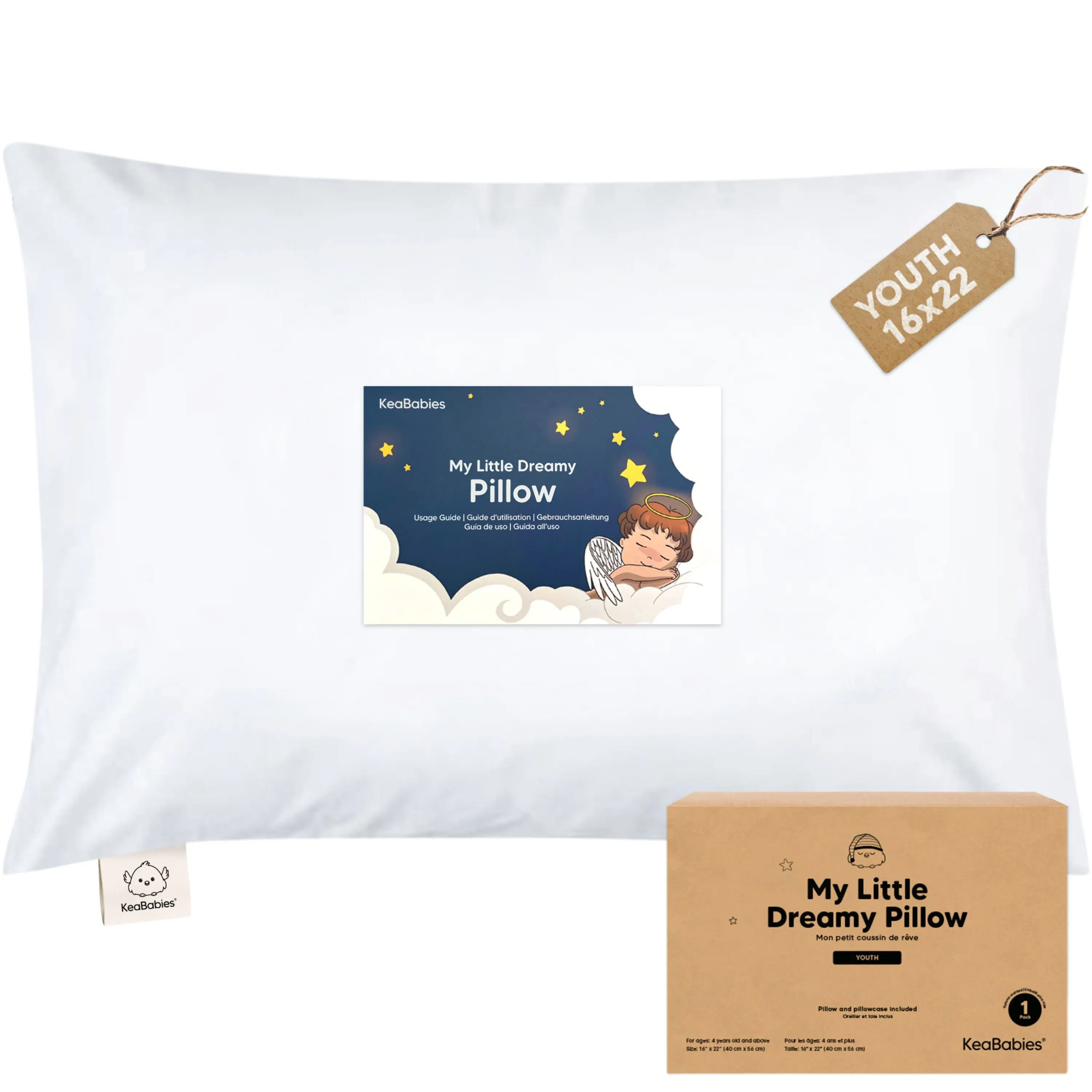 KeaBabies Youth Pillow with Pillowcase, 16x22 - Soft Organic Cotton Kids Pillows for Sleeping - Machine Washable, Perfect for Travel, School, Toddler Bed Set Age 4-10