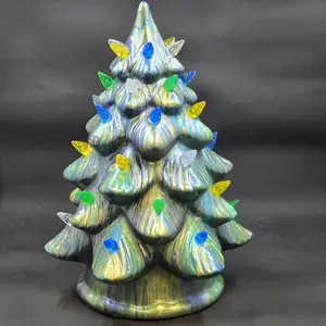 Beautiful Blue Green Ceramic Christmas Tree Decor 11 inch Hand Painted Light Up Festive for Holiday Decor with Unique Hand-Painted Design and Ceramic Material