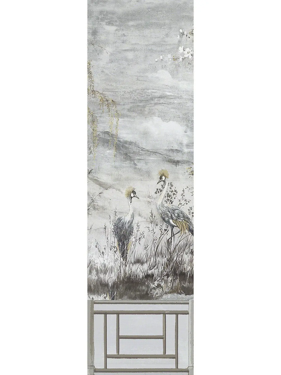 Crested Crane Silver Gold Grasscloth Mural Wallpaper, Panel 3