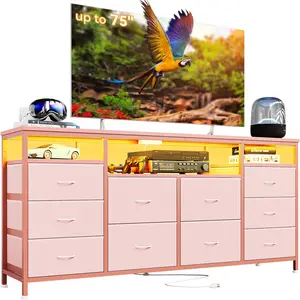 10 Drawer Dresser Tv Stand for 65 70 75 Inch Tv, 63" W Long Fabric Dresser Entertainment Center, Chest of Drawers Dresser for Bedroom with Led Lights & Power Outlets
