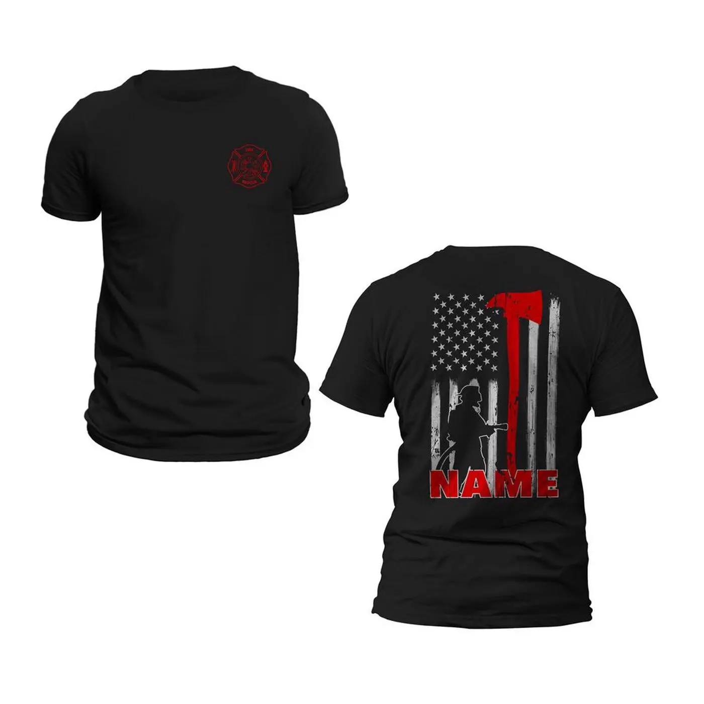 Personalized Firefighter T-Shirt Custom Name Thin Red Line Flag Axe Design Patriotic Firefighter Gift