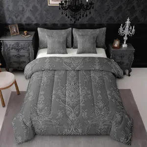Adults Gray Damask 7 Piece Bedding Set,Exotic Antique Victorian Comforter Bed Set,Baroque Gothic Sheets,Vintage Floral Quilt Duvet Bohemian Decor Bed Set