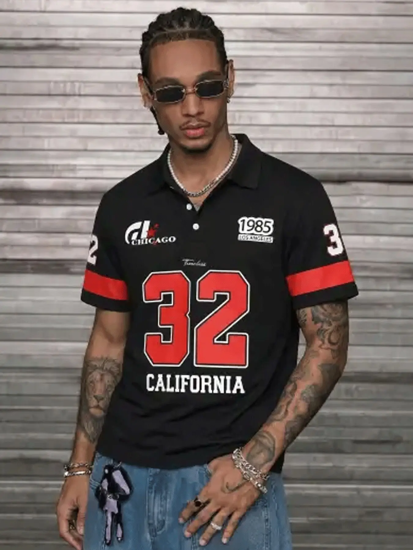 Men's Black Red Stripe Number 32 Polo Shirt, Streetwear Short‑Sleeve Collared Top, California Chicago City Patch & Vintage Sport Aesthetic, Versatile Casual Athletic Tee for Men
