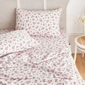 - Shabby Chic Bed Sheets, 4- Sheet Set, Floral Flower Rose  Prted  Cottagecore Vtage Aesthetic Beddg, Deep Pocket, Light Pk, Full Size