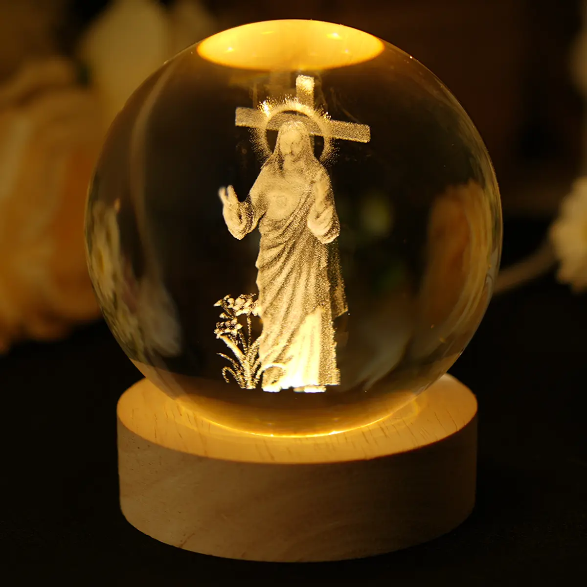 Large Size Crystal Ball Jesus Statue – Wooden Base Glass Sphere, Religious Home Decoration, Glow-in-the-Dark Gift Ornament