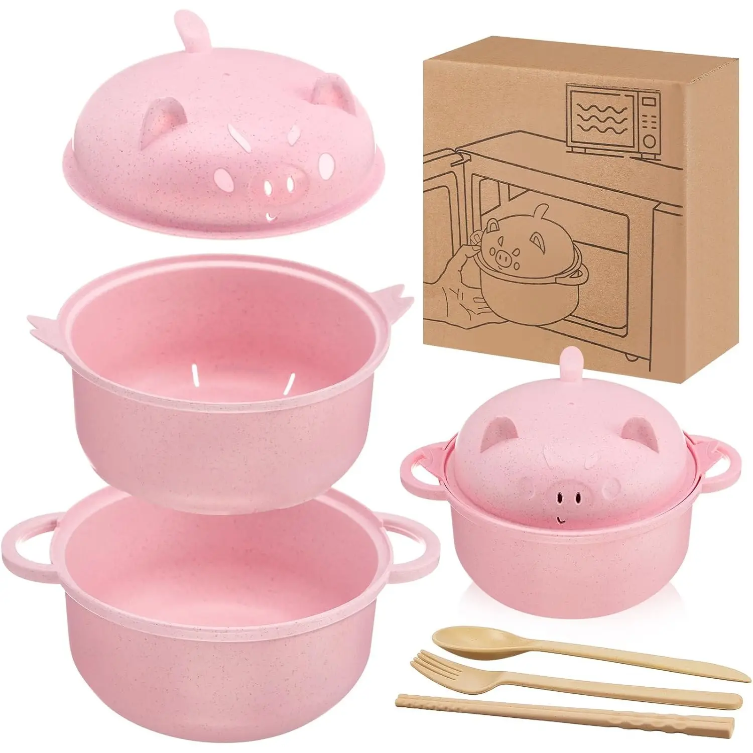 ONESHOW HOME Cute Ramen Cooker Tableware Set with Chopsticks   Spoon  Microwave Safe Wheat Straw 43 Oz Capacity College Dorm Essentials Noodle Bowl Cutlery Set,restock summer wins,mid year sale deals for you restock,deals for you days
