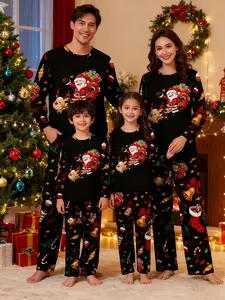1 set, Christmas, parent-child set, novelty clothing long-sleeved set, spring and autumn models, printed cartoon Santa pattern