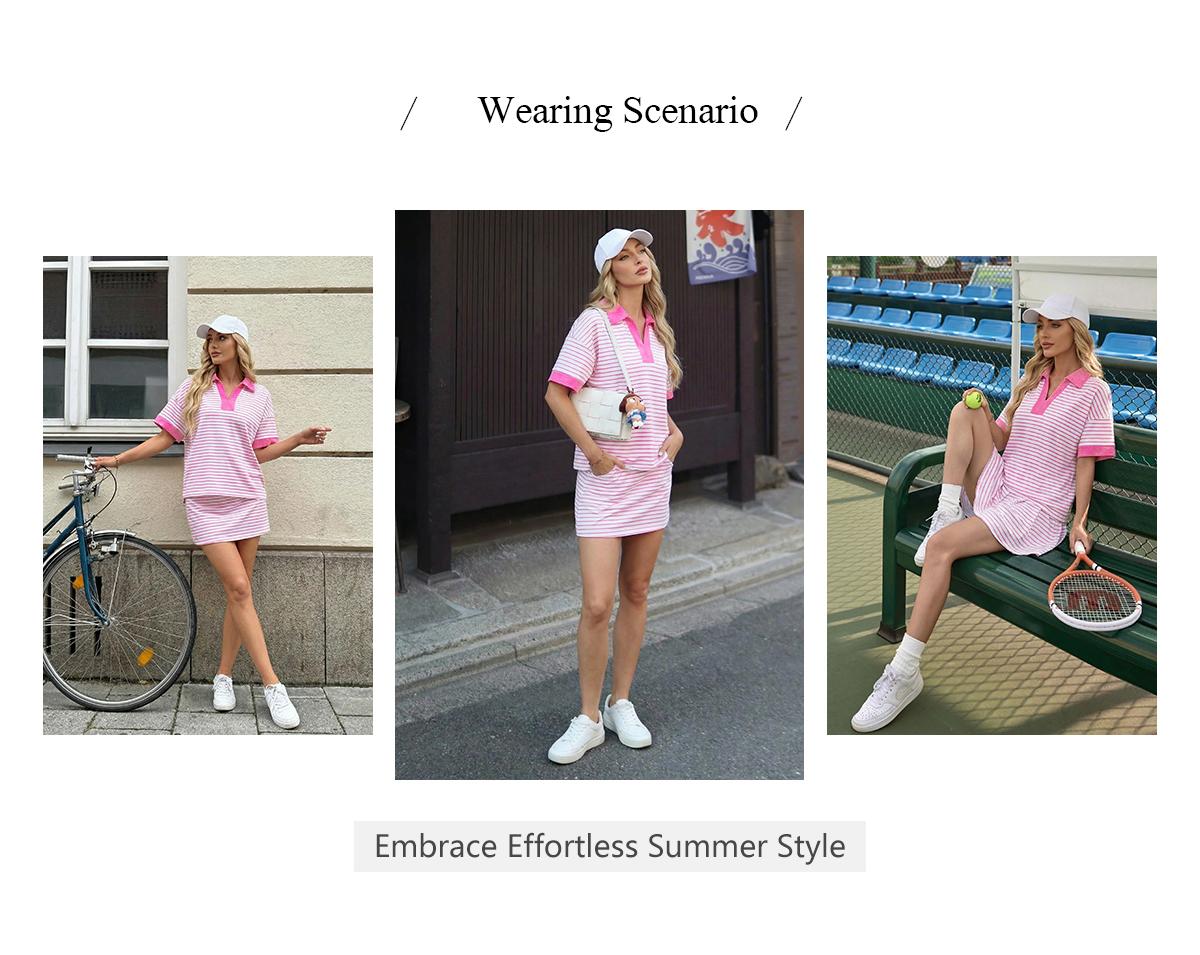 Chicovar Striped 2 Piece Outfits Casual Set Short Sleeve V-Neck Polo Skort with Built-in Shorts & Pockets, Adjustable Waist, Stretchy & Comfortable, Lounge Sets, Athleisure, Comfyoutfit, Summervibes