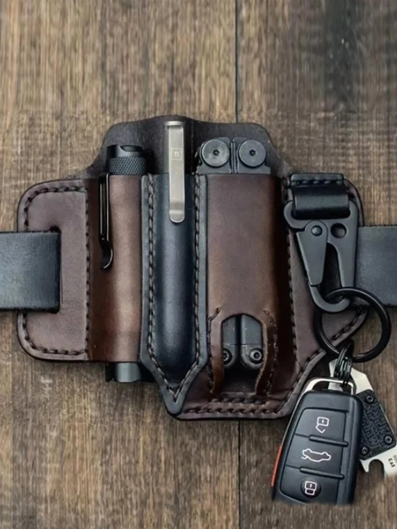 Men's Cowhide Solid Color Durable Belt Bag, EDC Tool Pouch, Multifunctional Storage Bag for Pen, Keychain, Flashlight