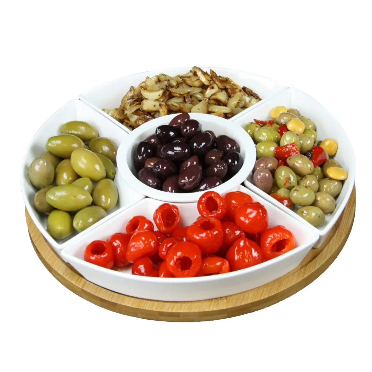 Elama Signature EL-179 12.25 in. 6-Piece Lazy Susan Appetizer & Condiment Server Set - 5 Serving Dishes, Bamboo Tray, Center Bowl for Party Serving