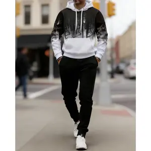 Men's 2-Piece Hoodie Tracksuit - Gradient Graffiti Print, Drawstring Hood & Black Jogger Pants