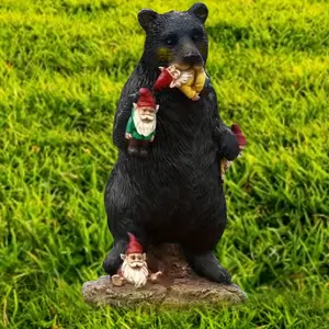 Whimsical Resin Gnome Bear Figurine with Dinosaur - Creative Garden Statue for Christmas & Halloween Decor - Durable Resin Material - For Garden Lovers & Collectors - Unique Gift for Home Decor Enthusiasts Ornaments Decoration Black