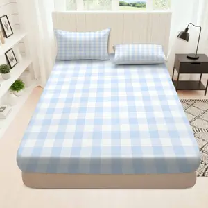 3Pcs Blue Plaid Checkered Fitted Sheet Three Piece Set (1*Fitted Sheet+2*Pillowcases, Coreless), Everyday theme, Cozy Gingham Bedding Set, Mattress Protector Soft, Breathable
