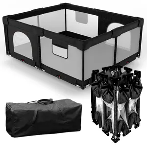 Foldable Baby Playpen,Collapsible Playpen for Babies and Toddlers, Extra Large Foldable Playpen for Baby with gate, Baby Activity Center with Fence, Travel Play Pen (Black/Grey 51"×51"/59"×71")