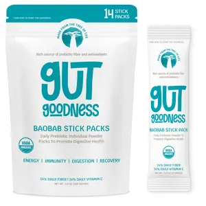 Gut Goodness Organic Baobab Powder Stick Packs – 14 Prebiotic Powder Stick Packs with 24% Daily Fiber & Vitamin C | Prebiotic Fiber Supplement for Gut Health, Energy & Recovery | South Africa Origin