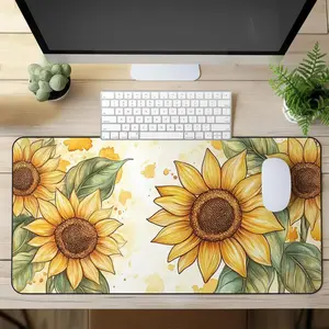 Large XXL Sunflower Desk Mat – Watercolor XL Size Mouse Pad with Yellow Blooms and Green Leaves, Extended Waterproof Stitched Pad