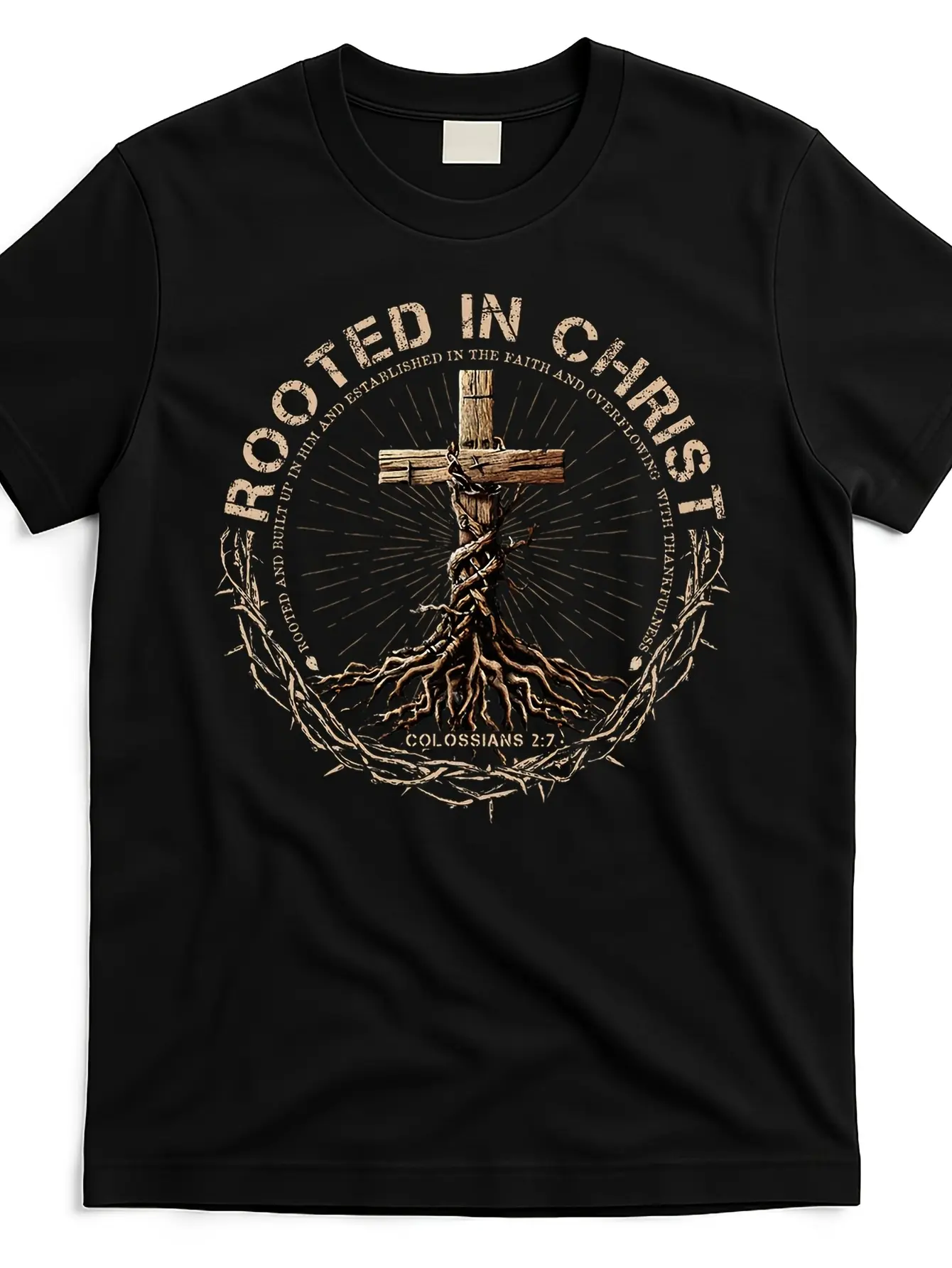 Rooted in Christ Jesus Christian Cross T-Shirt - Heavyweight 220gsm Pure Cotton Unisex Adult Short Sleeve Round Neck Tee with Cross & Roots Graphic & Inspirational Bible Verse Design for Church, Christian Events, Everyday Faith Apparel, Religious Wear, Ch