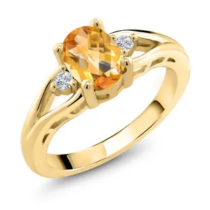 Gem Stone King Gemstone Birthstone and Lab Grown Diamond 3-Stone Engagement Ring for Women | 18K Yellow Gold Plated Silver | Oval 8X6MM and Round 2MM | Three-Stone Wedding Anniversary Promise Ring | Sizes 5-9
