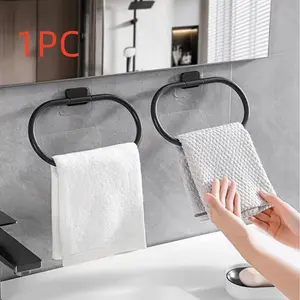 1pc No-Drill Towel Ring, Minimalist Round Towel Holder, Short Rod Hand Towel Rack, Hotel Bathroom Accessory, Easy Install, Bathroom Essentials Accessories