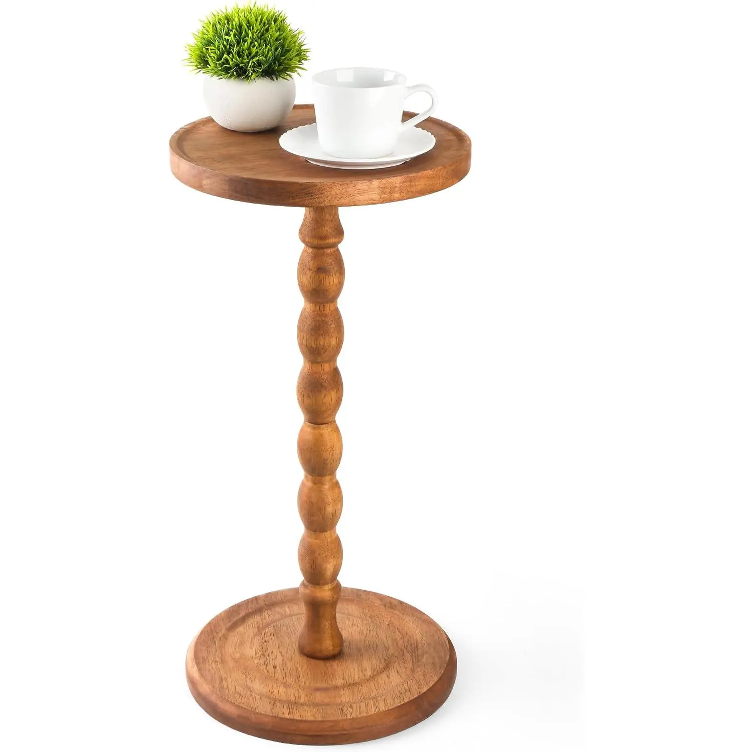 Round Side Table, Rubberwood Small Drink Table, Solid Wood Coffee Table with Pedestal Accent for Small Spaces in Living Room, Bedroom, Sofa Couch, Corners (Brown, Round)