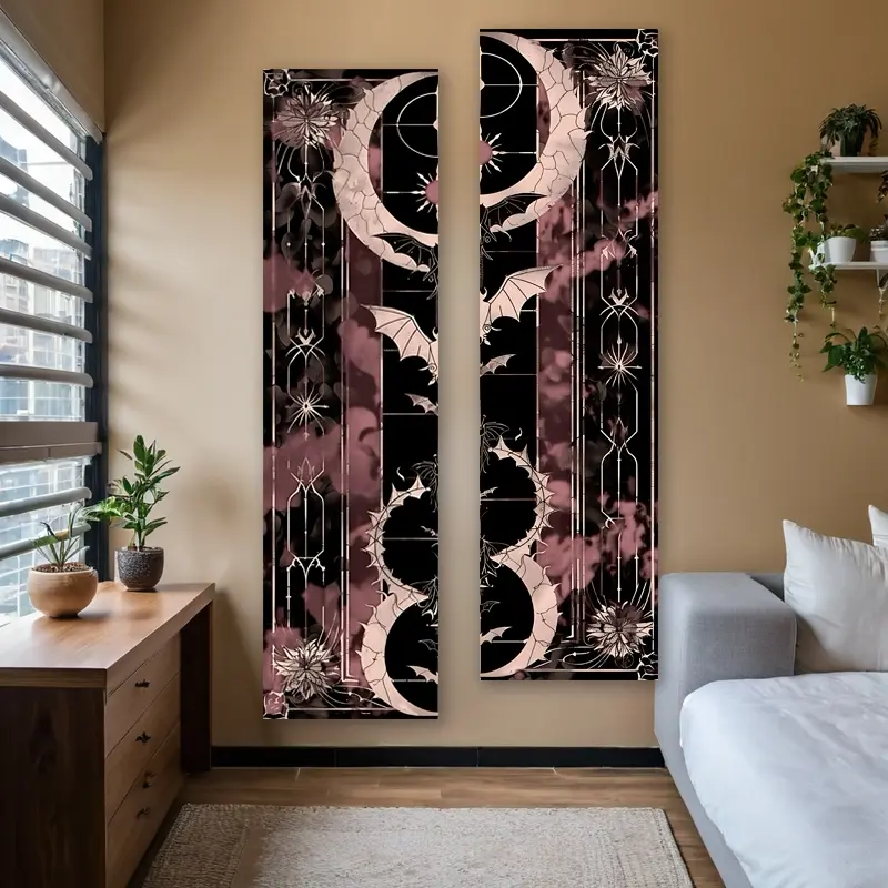 Gothic Floral Vertical Banner Tapestry Wall Hanging Dark Bat Romantic Moon Long Narrow Dusty Rose Tapestries, Durable Decorative Tapestry, Ideal Gifts for Home Decor Enthusiasts Polyester Stitched Edges Wall Decor, Halloween Decoration