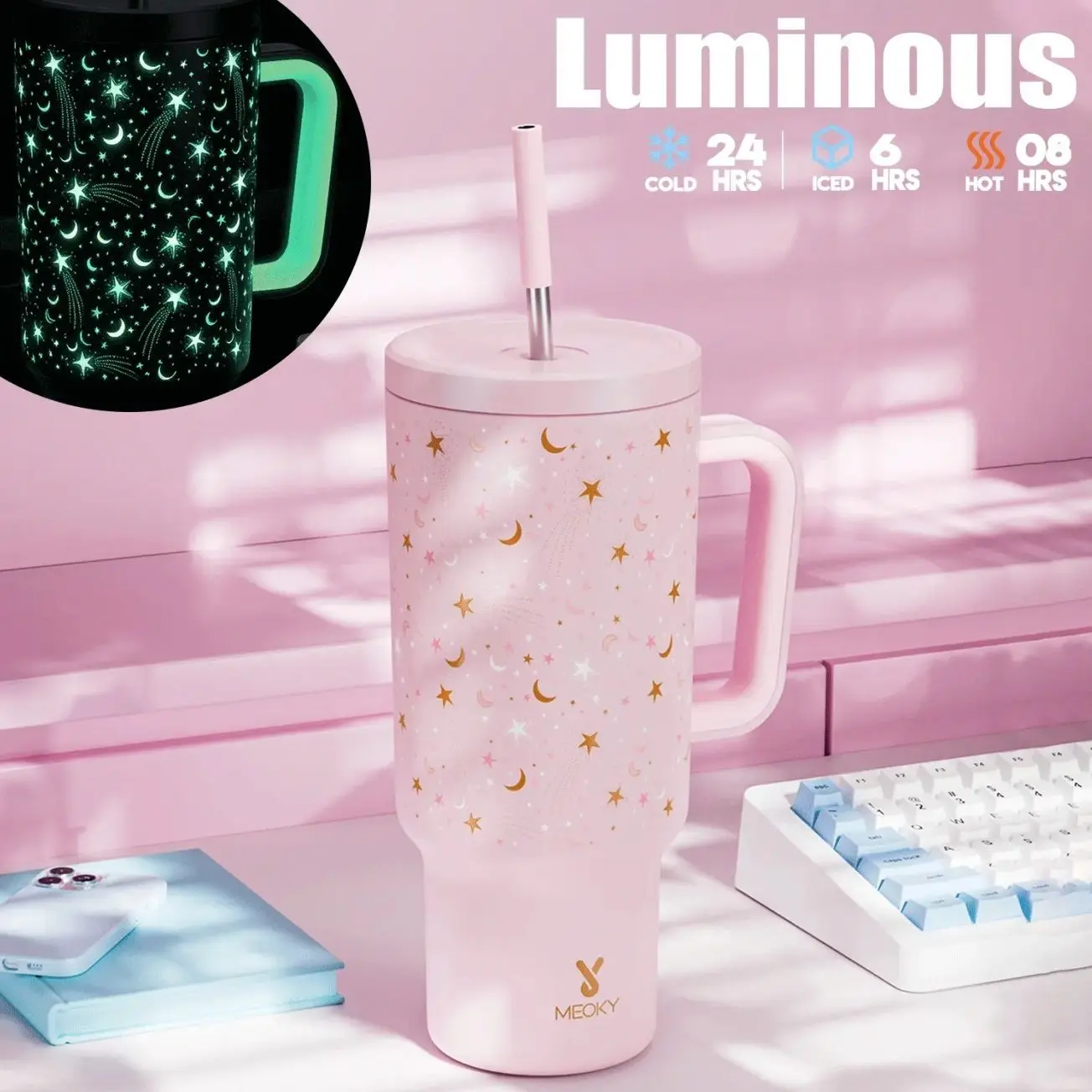 40oz Glow-in-the-Dark Stainless Steel Tumbler, Leak-Proof Travel Mug with Handle & Straw, Double Wall Vacuum Sealed Cup for Hydration