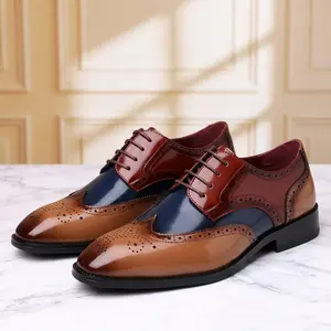 Men's Vintage Brogue Shoes Three-Color Patchwork Leather Derby Shoes Wingtip Dress Shoes for Wedding Business Party