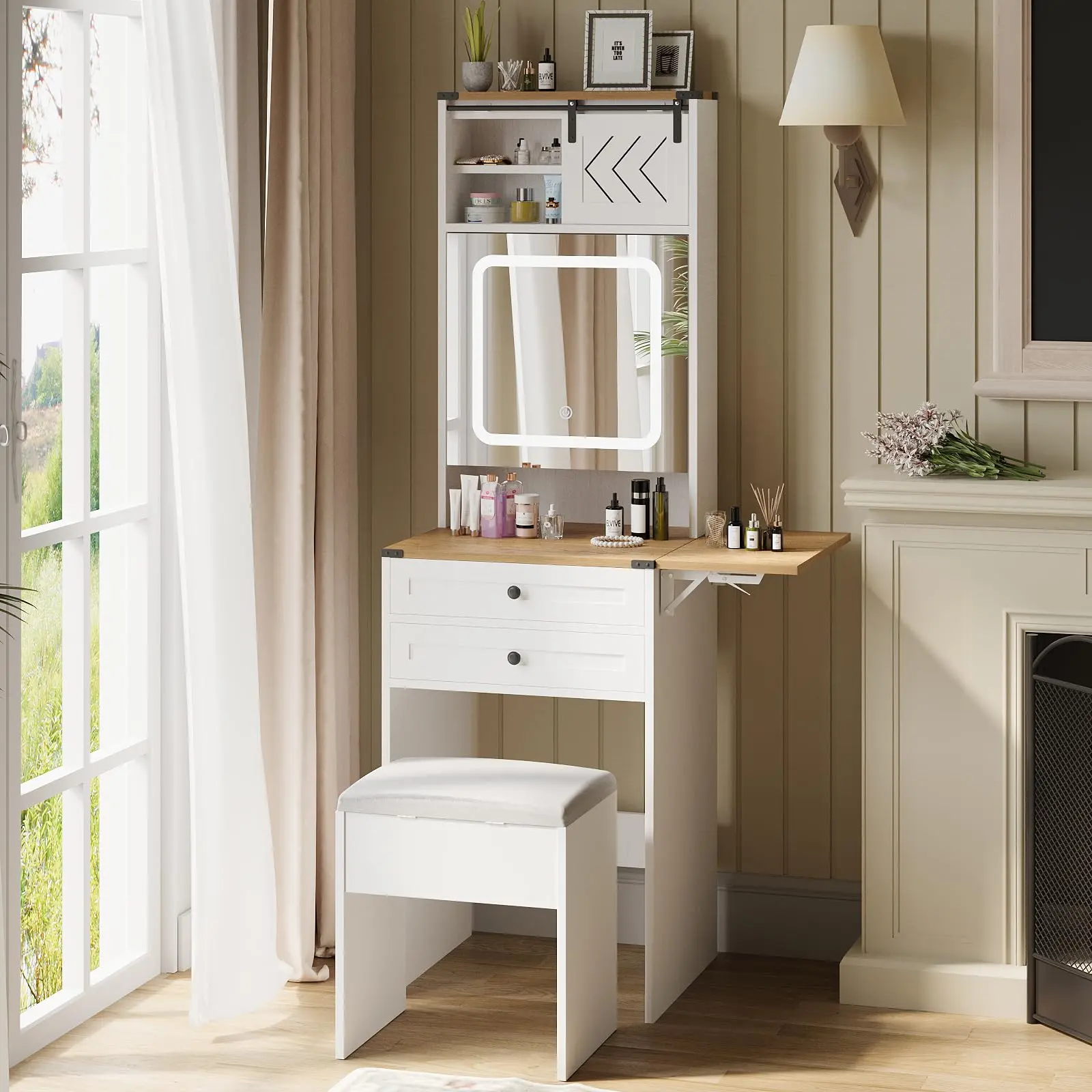 Farmhouse Small Vanity Desk Set with Mirror Cabinet Compact Makeup Vanity Set with 3 Adjustable Lights and Storage Chair for Compact Space,  Dressing Table with Fold-up Panel IF049