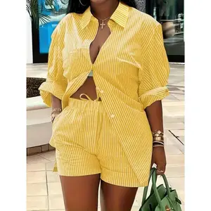 Chic Pink Striped Two-Piece Set - Long Sleeve Shirt & Elastic Waist Shorts, Non-Stretch Polyester, Comfortable for Casual Outings, Clothes Fabric