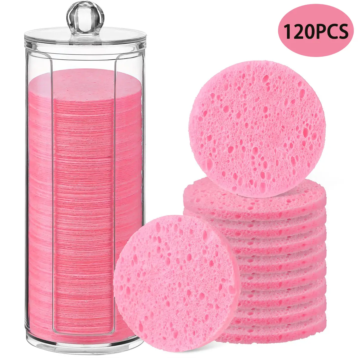120pcs Gentle Disposable Natural Round Soft Compressed Facial Sponges with Container, Pink Breathable Pads for Face Cleansing, Exfoliating, Makeup Removal & Travel Home Storage (Home Care Sponges)