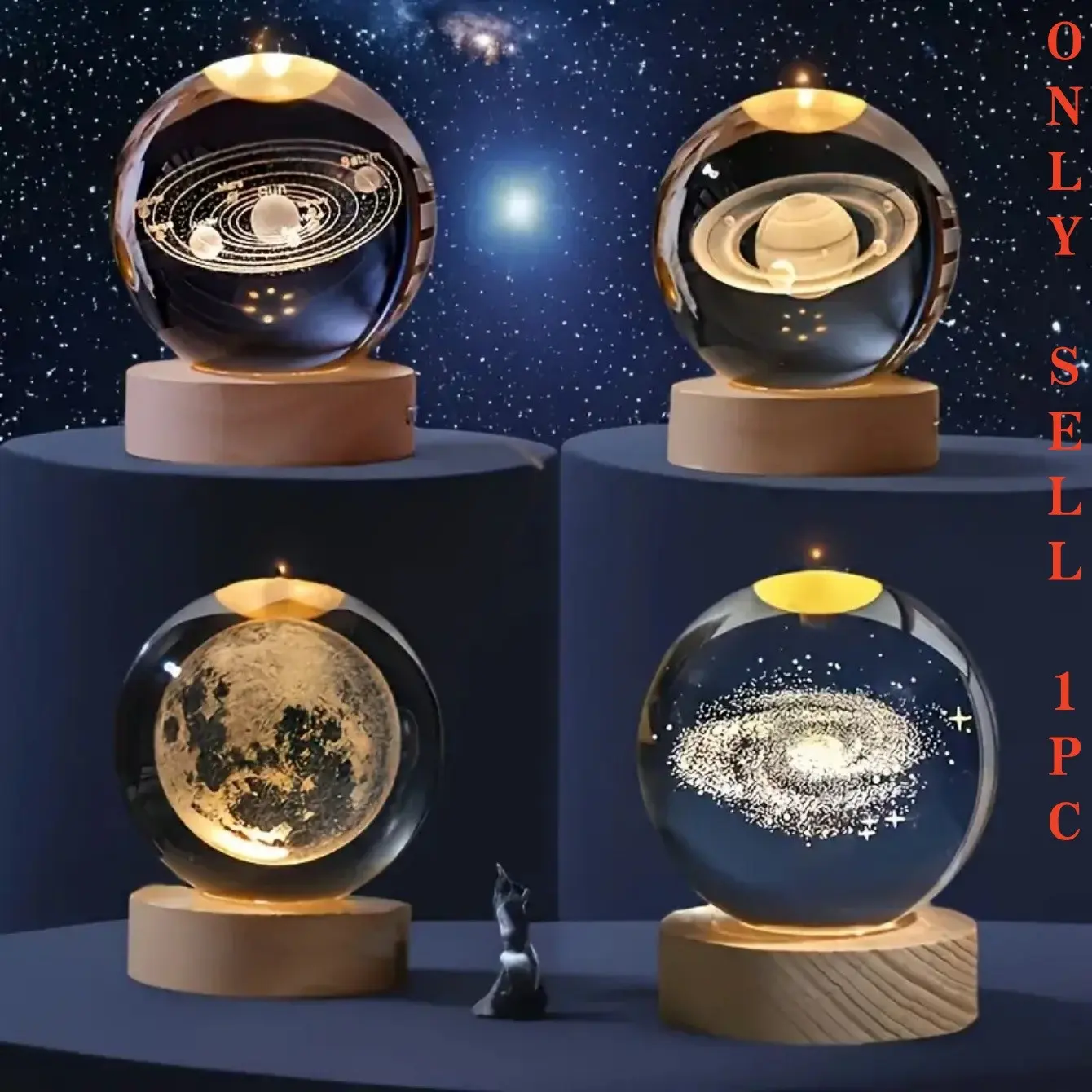 3D Crystal Ball Night Light, Galaxy Saturn Moon LED Lamp with Wooden Base, Tabletop Installation Decorative Atmosphere Light for Home Office Ambiance, Led Ball Lights, Interior Led Lights, Atmosphere Lighting