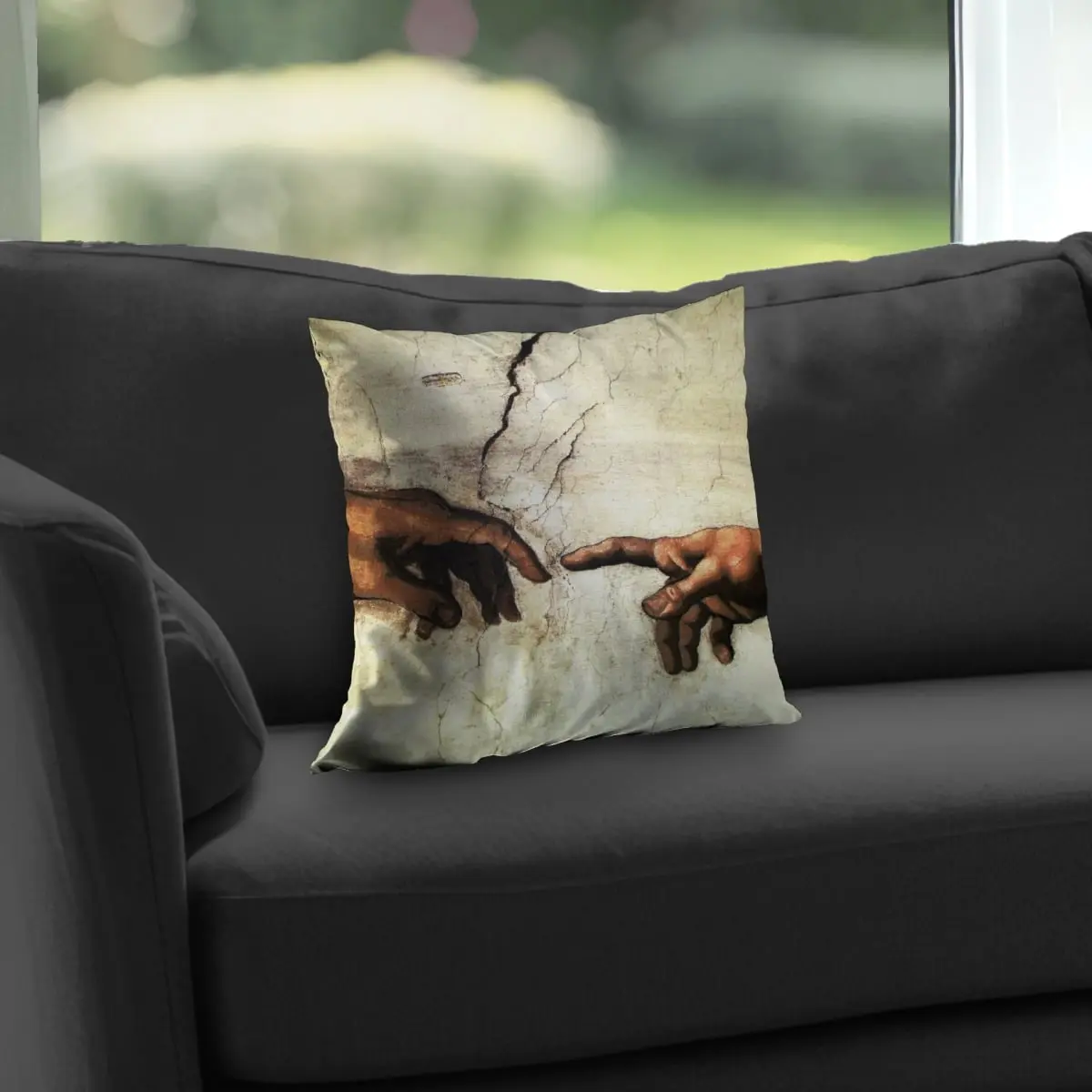 Begin Home Decor C1PT14141GJR04 14x14 in. Michelangelo Creation of Adam Poly Twill Throw Pillow with Insert, Zipper Close, Creative Decorative Cushion with Renaissance Art & Artistic Flair