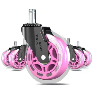 Pink Office Chair Wheels Replacement 3" Rubber Casters 7/16" Stem, Universal Fit Most Office Gaming Chairs, Smooth Quiet Rolling, Floor Protection for Hardwood Carpet Tile Floors, Set of 5