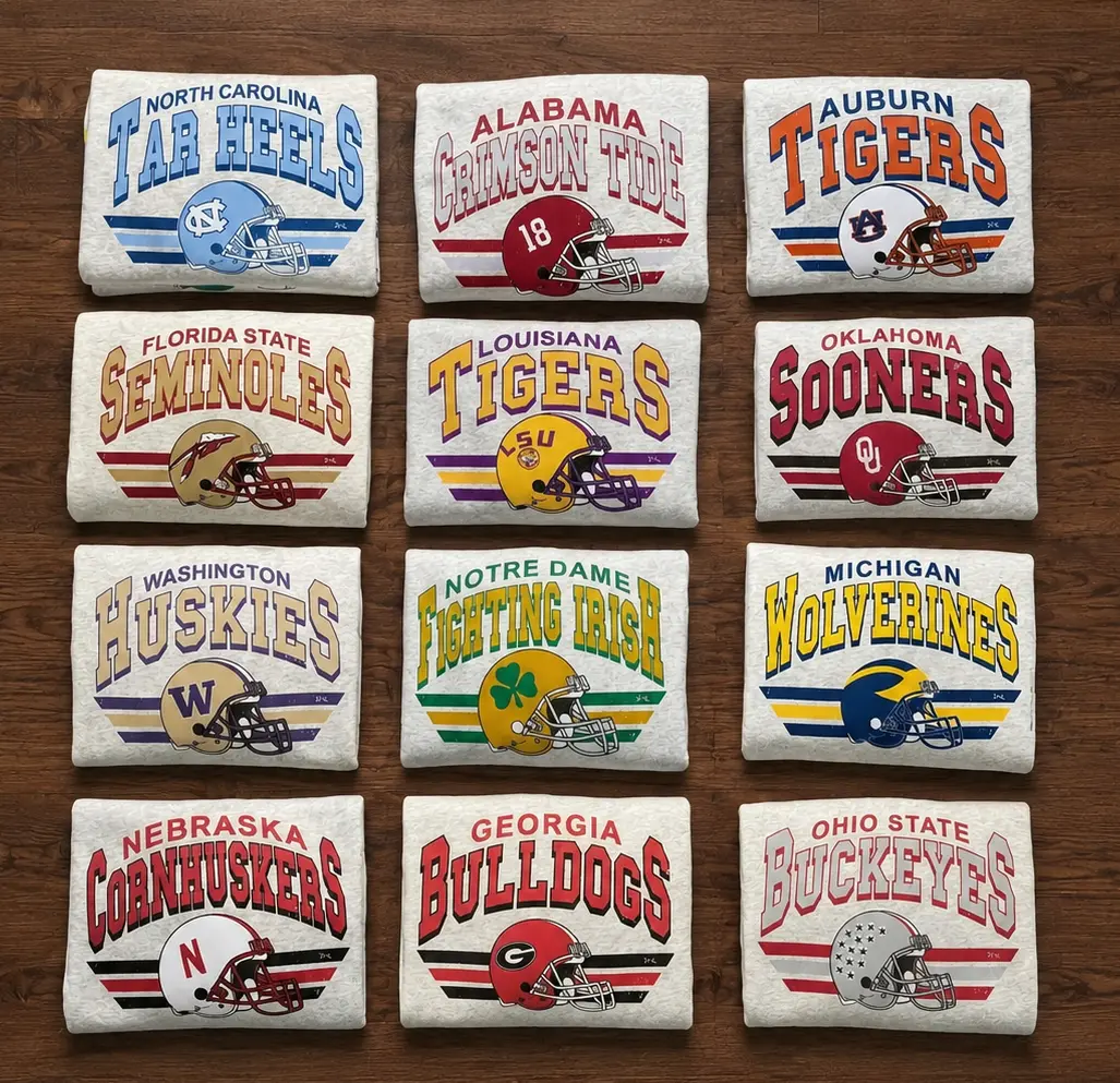 Vintage College Football Helmet All Teams Crewneck Sweatshirt - Ash Grey Edition - Bold Retro Fan Apparel for Game Da