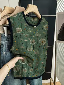 1 piece + Spring/Summer Back-to-School Casual Style Loose Round-neck Sleeveless Knitted Dark Blue With Edging Contrasting Green Plaid Floral Print Women's Knitted Top for Women, to be paired with a jacket, can be worn alone, Fitted Womenswear