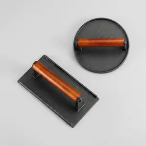 Neppora Cast Iron Meat Press Set Wooden Handle Smash Burger & Bacon Press for Flat Top Grill