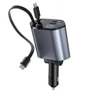 Joytutus 120W Retractable Car Charger 4-in-1 Fast Charging for iPhone Samsung iPad with 2 USB C Cables Type-C Output 5V/3A USB-A 5V/2.4A 12V-24V Devices