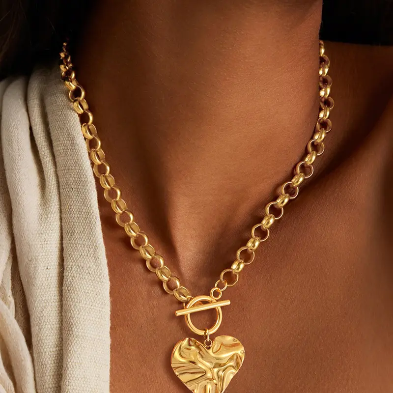Mother's Day Gift Women's Heart Pendant Necklace, Vintage Silver Color Stainless Steel Chain, Fashionable Exaggerated Hammered Design, Heart Shaped Necklace, Trendy Jewelry, Fashion Accessory Necklace, Chain Necklaces