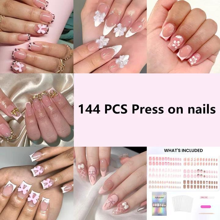144 Pcs Press On Nails (6 Packs) | Nude Pink French, Bow & Floral Mix | Almond & Coffin Shapes | 3D Flower, Ribbon Bow & Glitter Styles | Reusable Stick On Nails with Jelly Glue | 12 Sizes