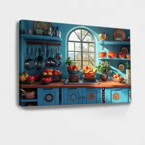 Mexican Christmas Decorations, Blue Kitchen Fruit Bowls, Kitchen Counter, Hanging Cookware - Modern, Minimalist, Clean Lines Style, Wall Decor Poster for Room, Wood Framed Canvas Painting Photo Ornaments Artist Gifts 1pc