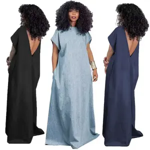 Women's Denim Maxi Dress 2025 Retro Loose Slim Fit Maxi Dress Batwing Sleeve Back V-neck Summer Womenswear Light Blue Casual Basic Crewneck Minimalist Shortsleeve