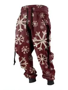 Men's fashionable casual leggings, fashionable and trendy to wear! Burgundy snowflake patterned leggings with drawstring design for comfort and eye-catching. Menswear Stylish Day Love Pants Personalized Outfit