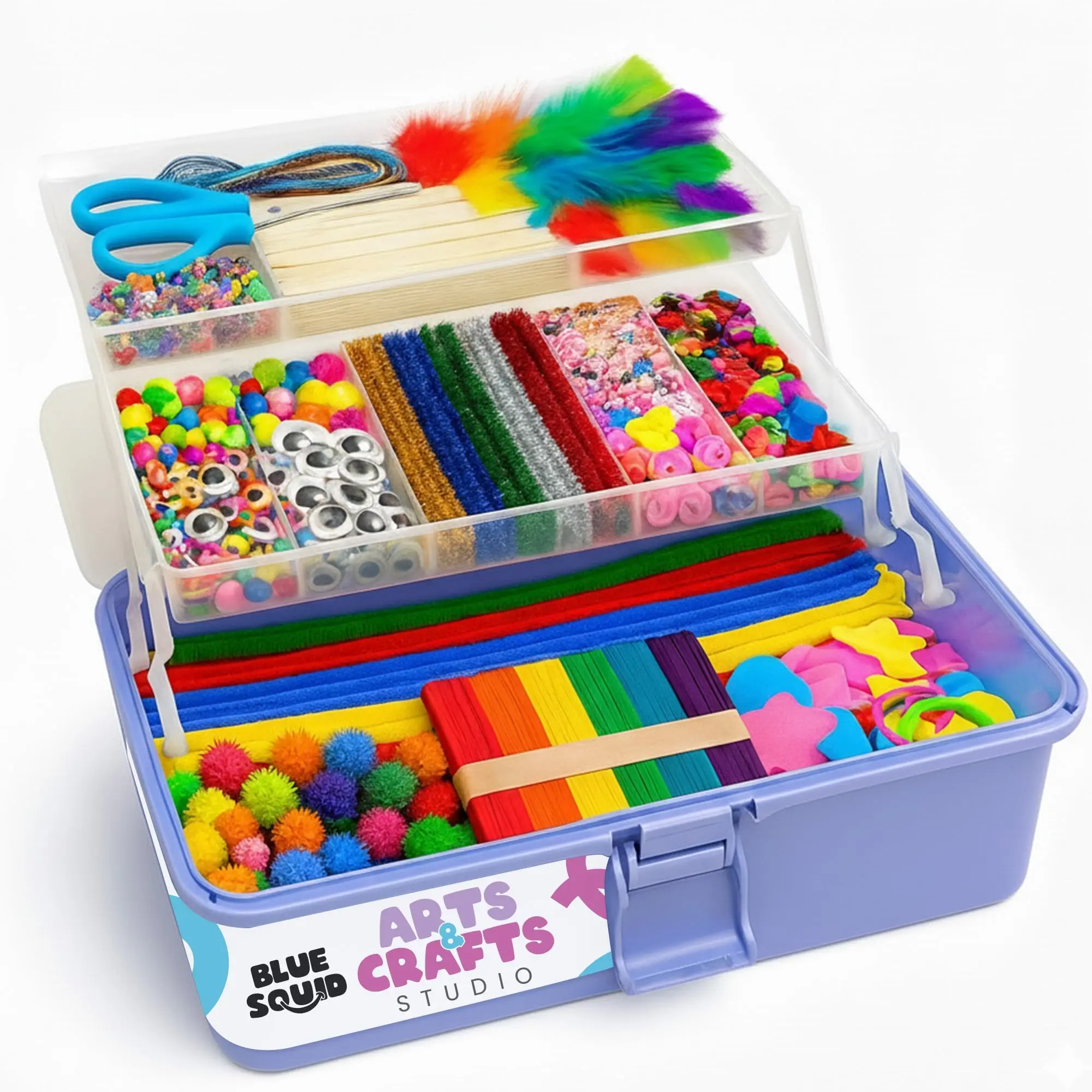 Blue Squid Arts & Crafts Box (Purple)- 2800+ pcs Deluxe Craft Supplies Box, 2 Drawers, 18 Compartments, Sturdy Handle - Art Crafting Kit Birthday Gifts for Kids, School Supply for Ages 4-12
