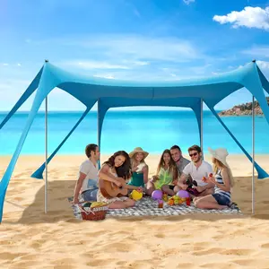 Beach Tent Sun Shelter, Portable Sun Canopy UPF50+ Outdoor Shade with 4 Stability Poles and 8 Sandbags, 10 x 10ft, Sand Shovel, Ground Pegs and Carry Bag for Beach, Camping, Fishing, Picnics