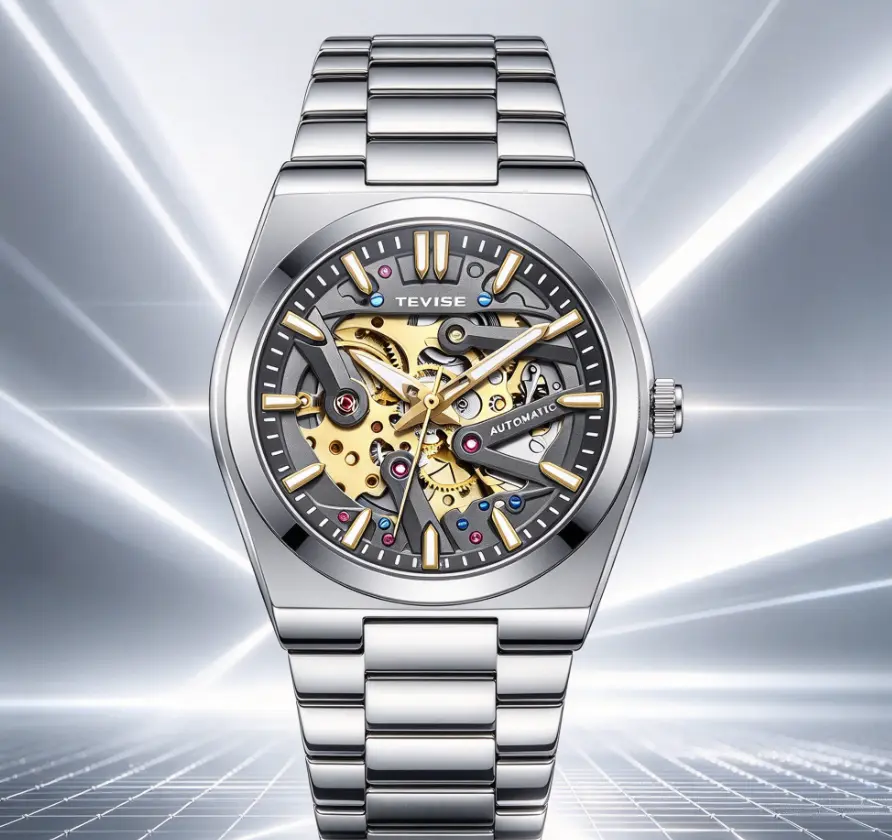 TEVISE 303A 11# Men's Automatic Skeleton Watch with Stainless Steel Bracelet and Gold Accents