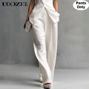 UOOZEE Women's Minimalist Light Blue Contrast Stripe Wide Leg Pants - Polyester-Linen-Rayon Blend Fabric, Elastic Waistband, High Stretch, Pockets, Basic Elegant Formal Casual Wear, Matching Bottoms (Only Pants)